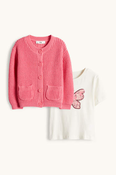 Enfants filles - Papillon - ensemble - haut à manches longues et gilet en maille - blanc / rose