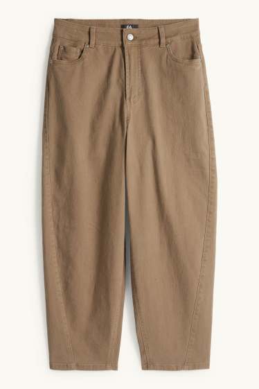 Women - Cloth trousers - mid-rise waist - barrel leg - denim-brown