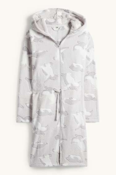 Dames - Badjas met capuchon - met patroon - lichtgrijs