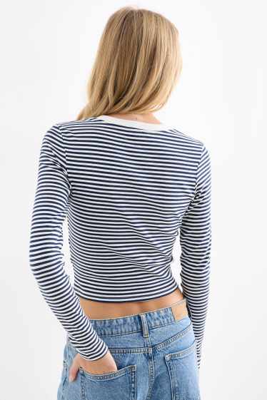 Damen - Crop Langarmshirt - Slim Fit - gerippt - gestreift - dunkelblau / weiß