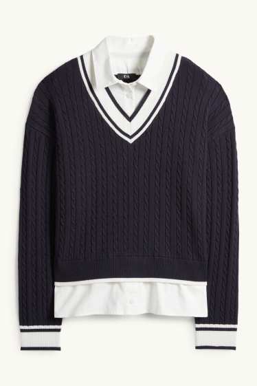 Kobiety - Sweter - w stylu 2 w 1 - wzór warkocza - ciemnoniebieski