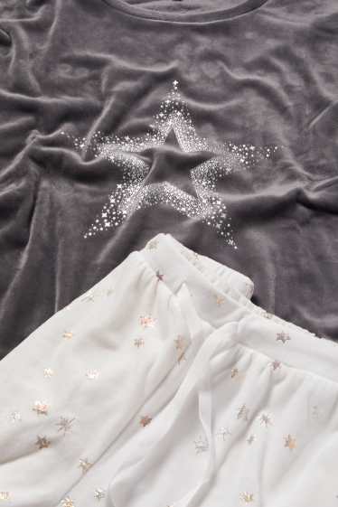 Damen - Winterpyjama - Glanz-Effekt - dunkelgrau / weiss