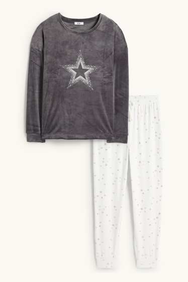 Damen - Winterpyjama - Glanz-Effekt - dunkelgrau / weiss