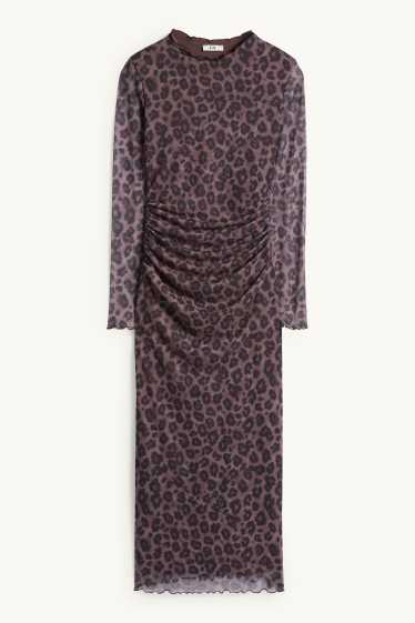 Dames - Jurk van mesh - luipaardvelprint - donkerbruin