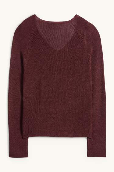 Femmes - Pull avec encolure en V - effet brillant - bordeaux
