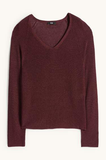 Femmes - Pull avec encolure en V - effet brillant - bordeaux