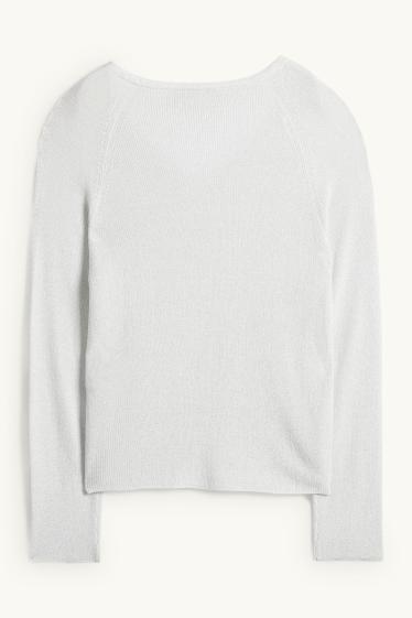 Femmes - Pull avec encolure en V - effet brillant - blanc pur