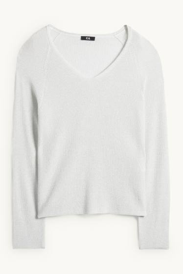 Femmes - Pull avec encolure en V - effet brillant - blanc pur