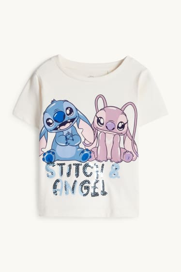 Kinderen: meisjes - Lilo & Stitch - T-shirt - glanseffect - crèmekleurig