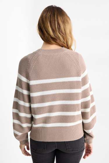 Women - Jumper - ribbed - striped - beige