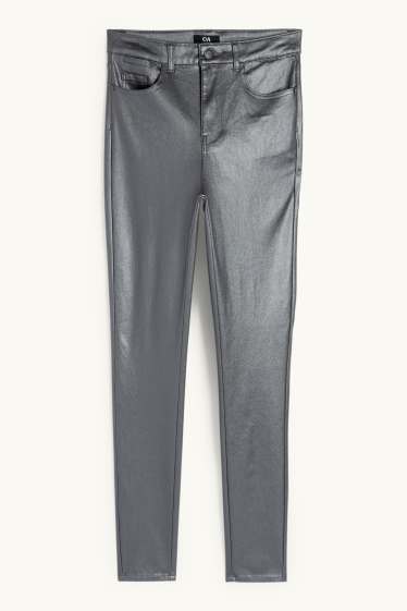 Donna - Pantaloni - vita alta - skinny fit - similpelle - argento