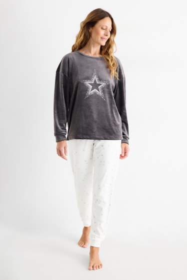 Damen - Winterpyjama - Glanz-Effekt - dunkelgrau / weiss