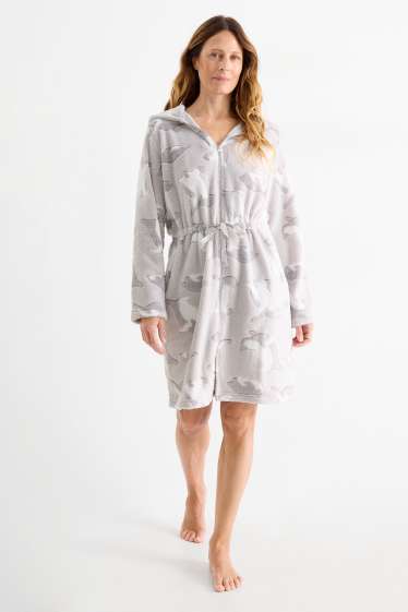 Dames - Badjas met capuchon - met patroon - lichtgrijs