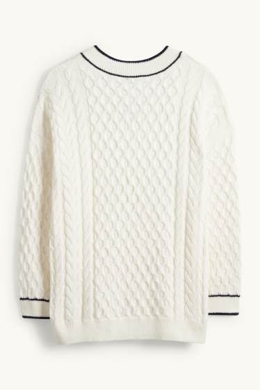 Donna - Maglione scollo a V - motivo treccia - bianco crema