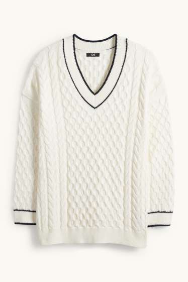 Donna - Maglione scollo a V - motivo treccia - bianco crema