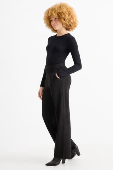 Dámské - Žerzejové kalhoty - mid waist - wide leg - s úzkými proužky - černá