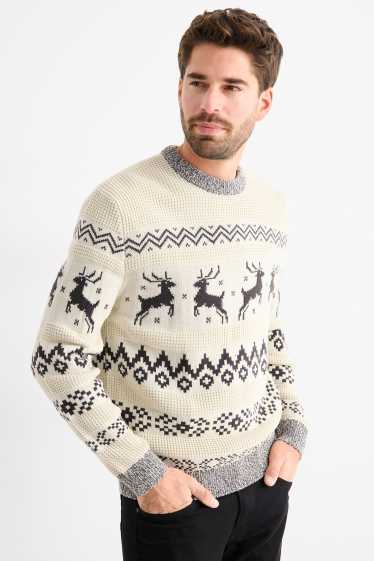 Uomo - Maglione natalizio - renna - fantasia - tessuto tramato - bianco crema