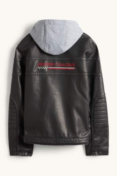Kinder Buben - Racing - Bikerjacke mit Kapuze - Lederimitat - schwarz