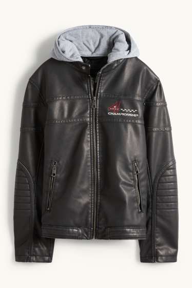 Kinder Buben - Racing - Bikerjacke mit Kapuze - Lederimitat - schwarz