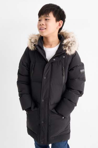 Enfants garçons - Doudoune en duvet avec capuche et garniture en imitation fourrure - noir