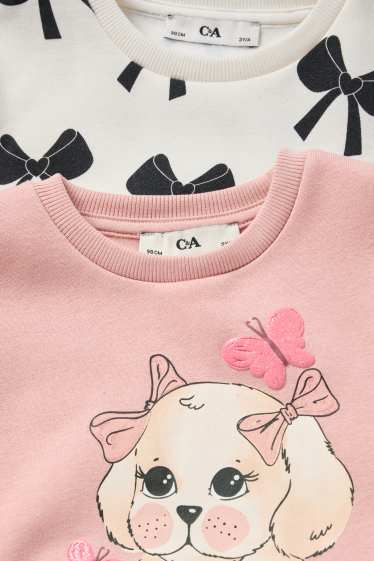 Enfants filles - Lot de 2 - chiot et nœud - sweat - blanc / rose