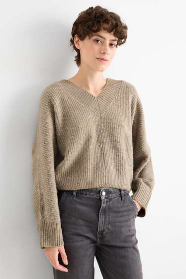 Donna - Maglione con scollo a V - a coste - beige