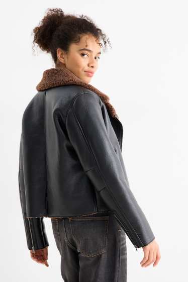Damen - Faux Shearling Jacke - Lederimitat - schwarz