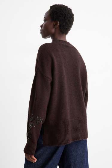 Damen - Pullover - Woll-Mix - Glanz-Effekt - dunkelbraun