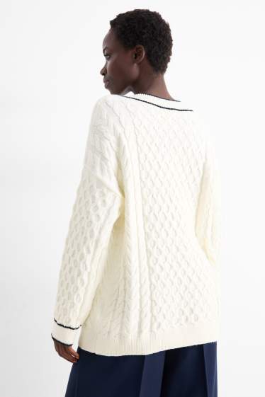 Donna - Maglione scollo a V - motivo treccia - bianco crema