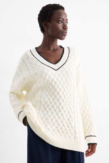 Donna - Maglione scollo a V - motivo treccia - bianco crema