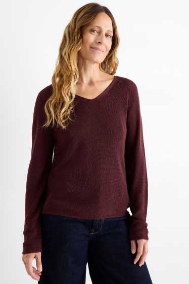Femmes - Pull avec encolure en V - effet brillant - bordeaux