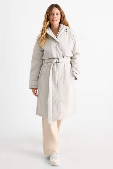 Women - Coat with hood and belt - lined - water-repellent - light gray