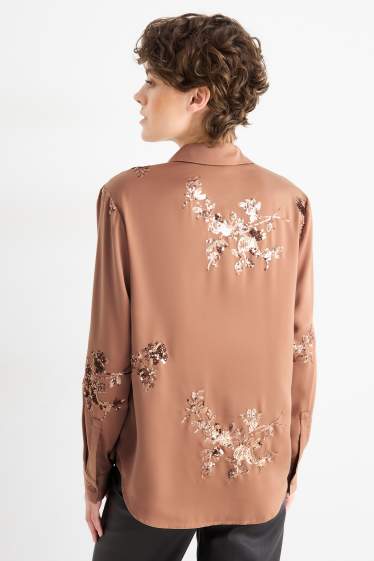 Femmes - Chemisier en satin - effet brillant - motif à fleurs - marron clair