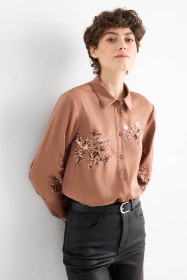 Femmes - Chemisier en satin - effet brillant - motif à fleurs - marron clair