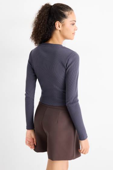 Dames - Korte longsleeve - slim fit - ribstof - donkerblauw