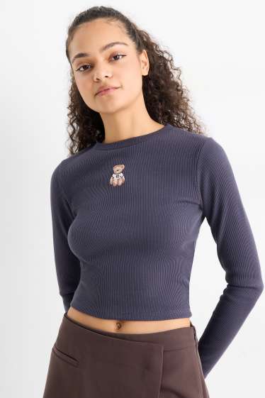 Dames - Korte longsleeve - slim fit - ribstof - donkerblauw