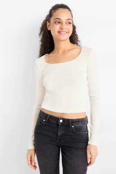 Damen - Crop Langarmshirt - Slim Fit - gerippt - cremeweiss