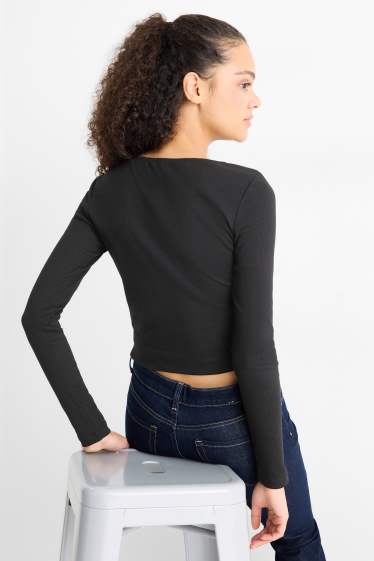 Damen - Crop Langarmshirt - Slim Fit - gerippt - schwarz