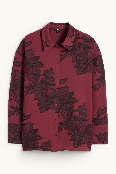 Dámské - Halenka - s květinovým vzorem - strukturovaná - bordeaux