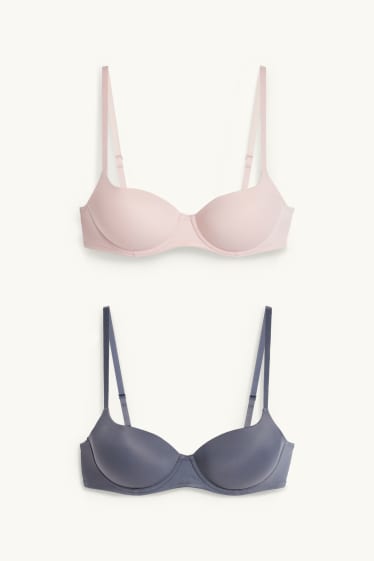 Dames - Set van 2 - BH met beugels - FULL COVERAGE - voorgevormd - roze / blauw