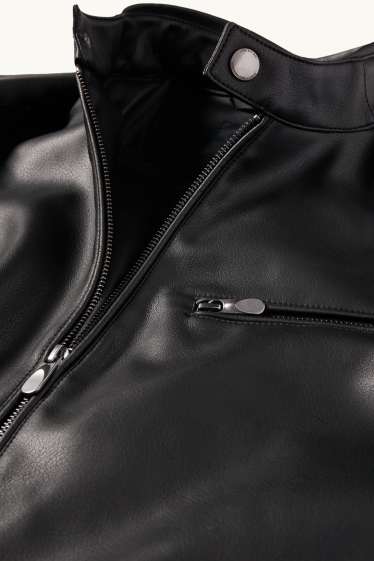 Pánské - Motorkářská bunda - imitace kůže - černá