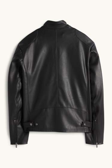Pánské - Motorkářská bunda - imitace kůže - černá