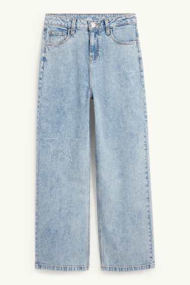 Copii - Fete - Stea - wide leg jeans cu ștrasuri - denim-albastru deschis