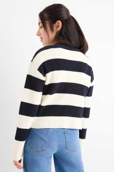 Copii - Fete - Pulover - reiat - cu dungi - albastru închis / alb-crem