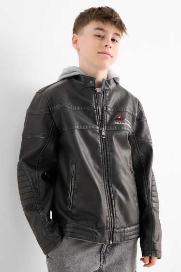 Kinder Buben - Racing - Bikerjacke mit Kapuze - Lederimitat - schwarz