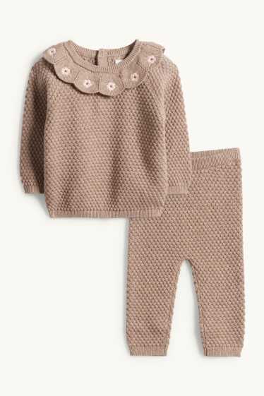 Baby Mädchen - Blümchen - Baby-Crochet-Outfit - 2 teilig - strukturiert - hellbraun