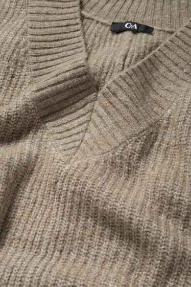 Donna - Maglione con scollo a V - a coste - beige