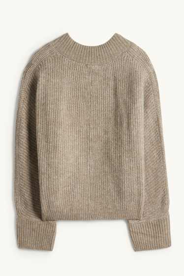 Donna - Maglione con scollo a V - a coste - beige
