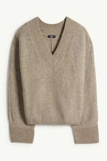 Donna - Maglione con scollo a V - a coste - beige