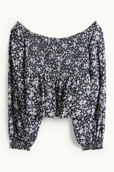 Donna - Blusa corta - arricciata - blu scuro / bianco